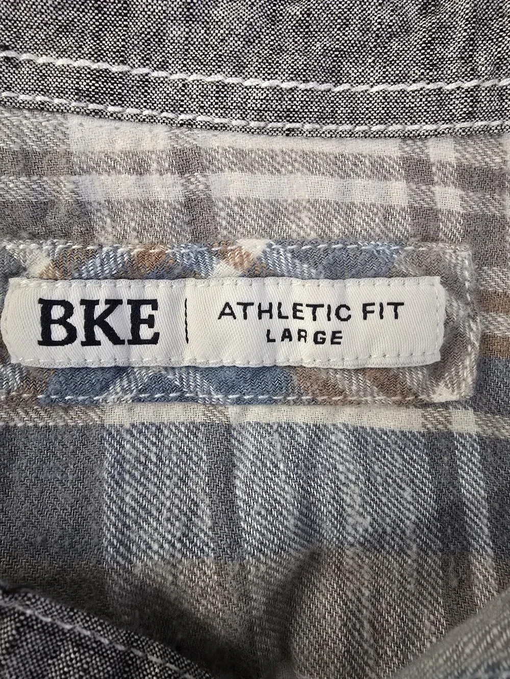 BKE Plaid Button-up Shirt Blue Gray Flannel Cotton Athletic Fit Western L